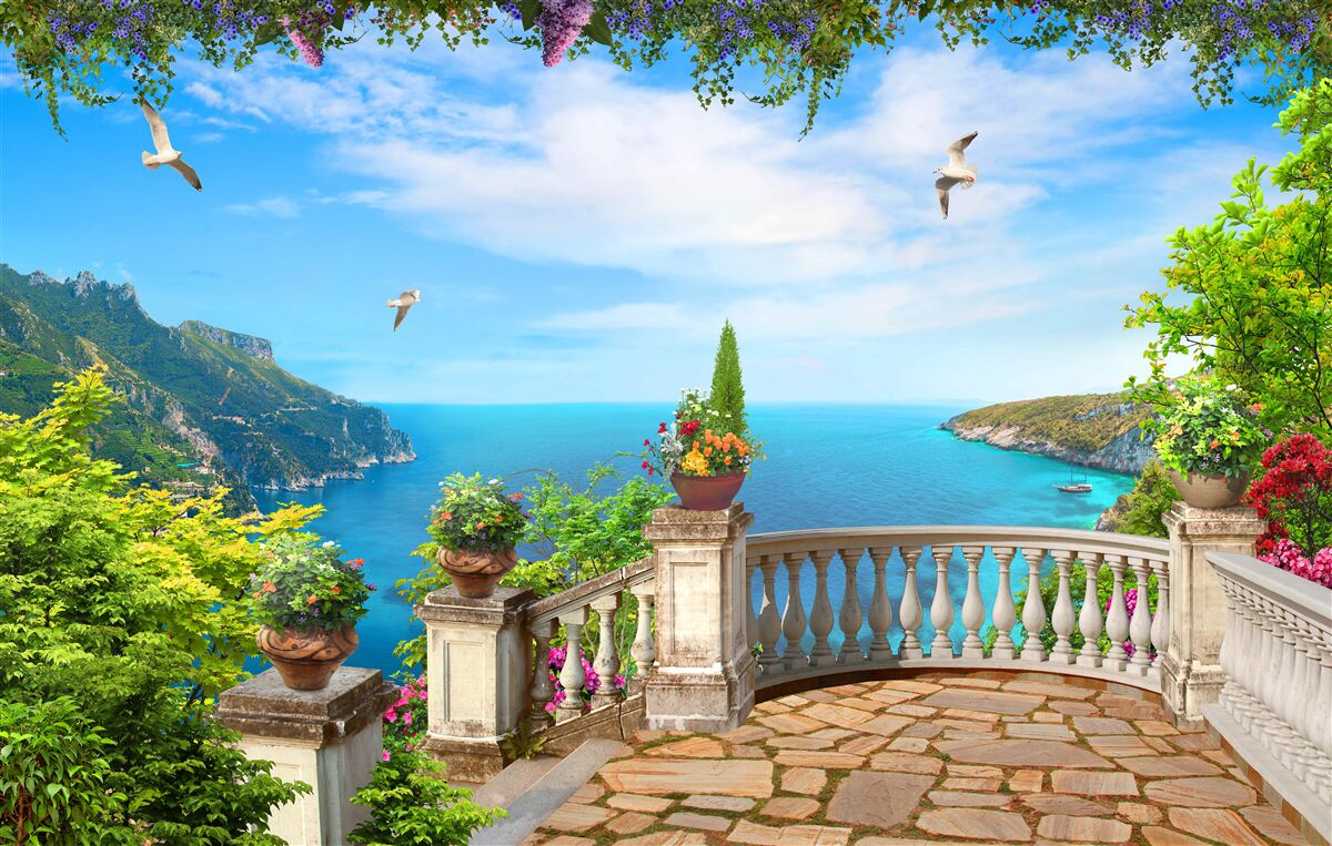 Фотошпалери балкон із затишним оточенням, з якого відкривається вид на морські глибини та гірські вершини