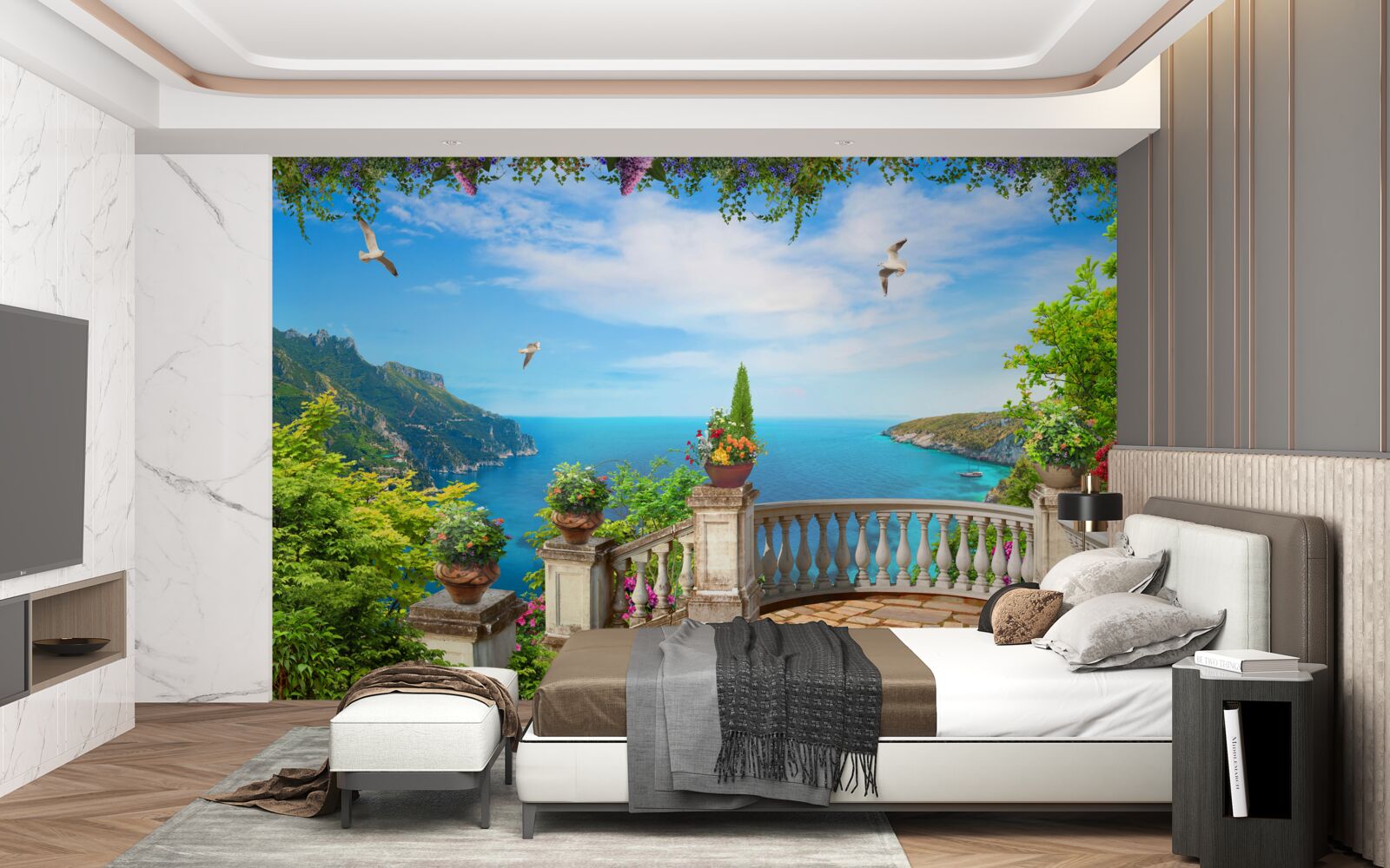 Фотошпалери балкон із затишним оточенням, з якого відкривається вид на морські глибини та гірські вершини