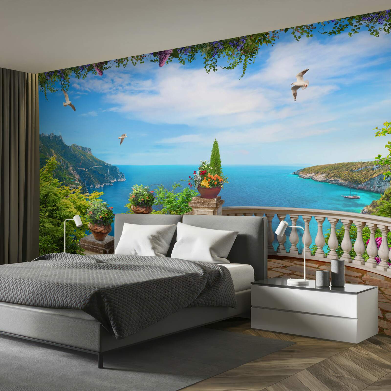 Фотошпалери балкон із затишним оточенням, з якого відкривається вид на морські глибини та гірські вершини