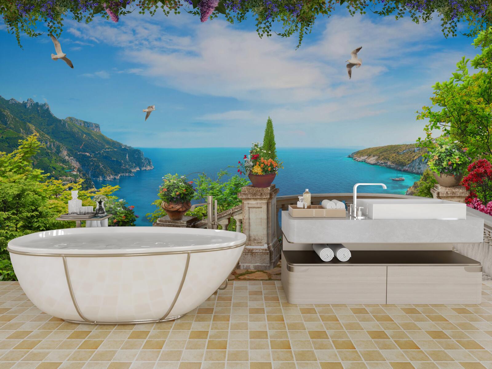 Фотошпалери балкон із затишним оточенням, з якого відкривається вид на морські глибини та гірські вершини