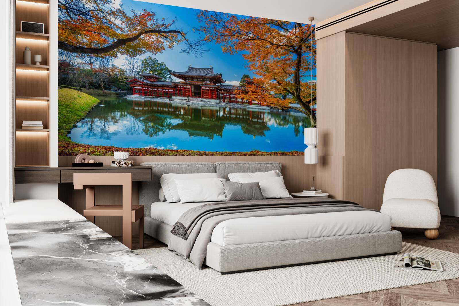 Фотошпалери відображення осені в японському парку