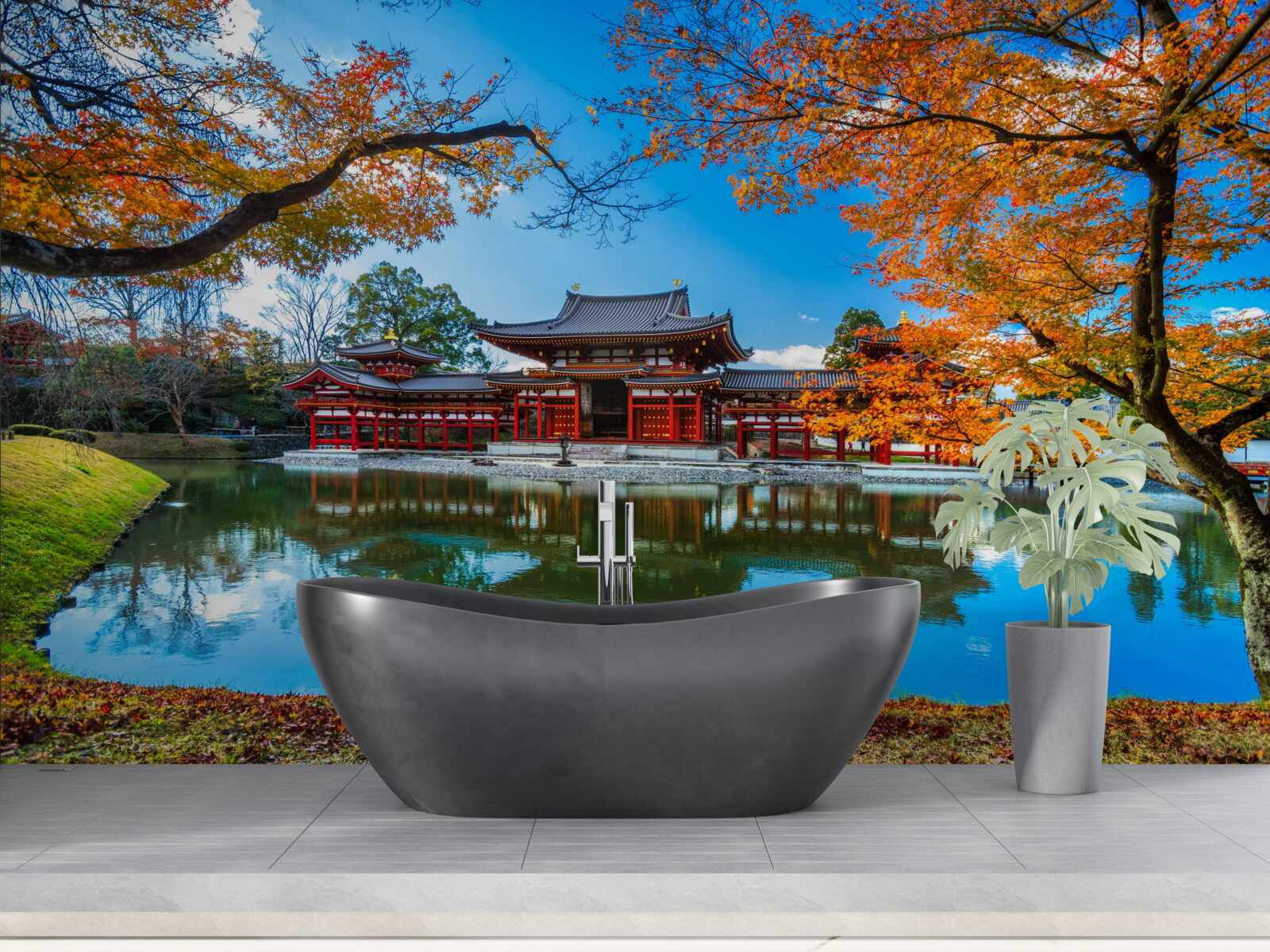 Фотошпалери відображення осені в японському парку