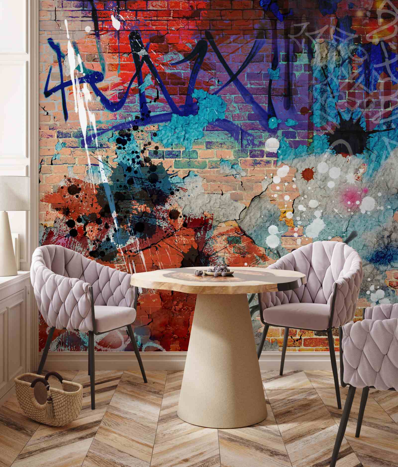 Фотошпалери різнокольоровий малюнок графіті на стіні з червоної цегли