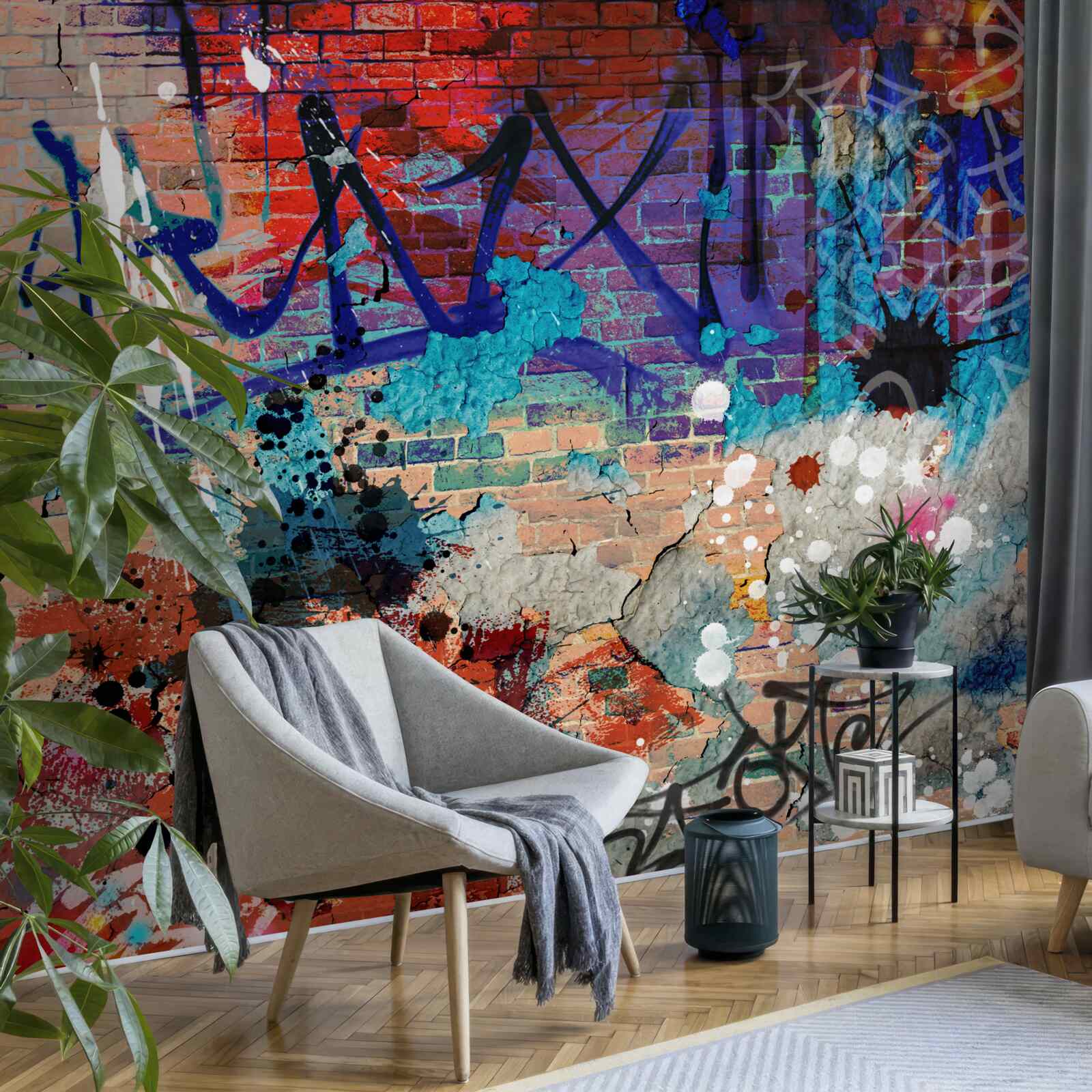 Фотошпалери різнокольоровий малюнок графіті на стіні з червоної цегли