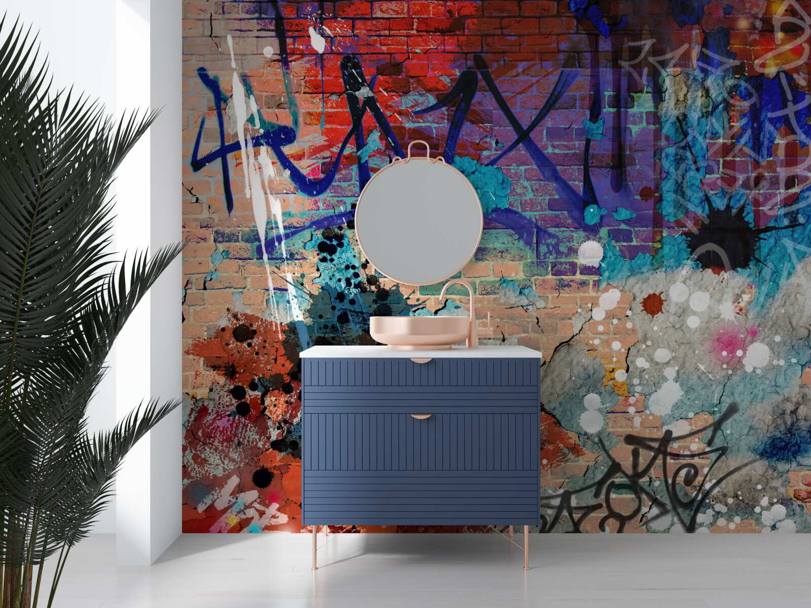 Фотошпалери різнокольоровий малюнок графіті на стіні з червоної цегли