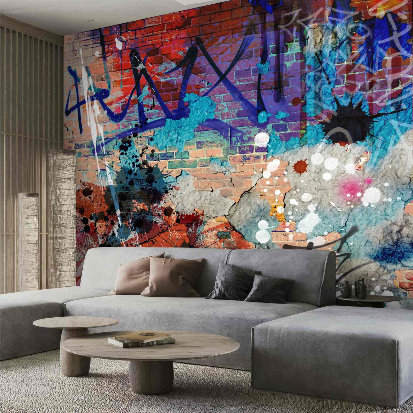 Фотошпалери різнокольоровий малюнок графіті на стіні з червоної цегли