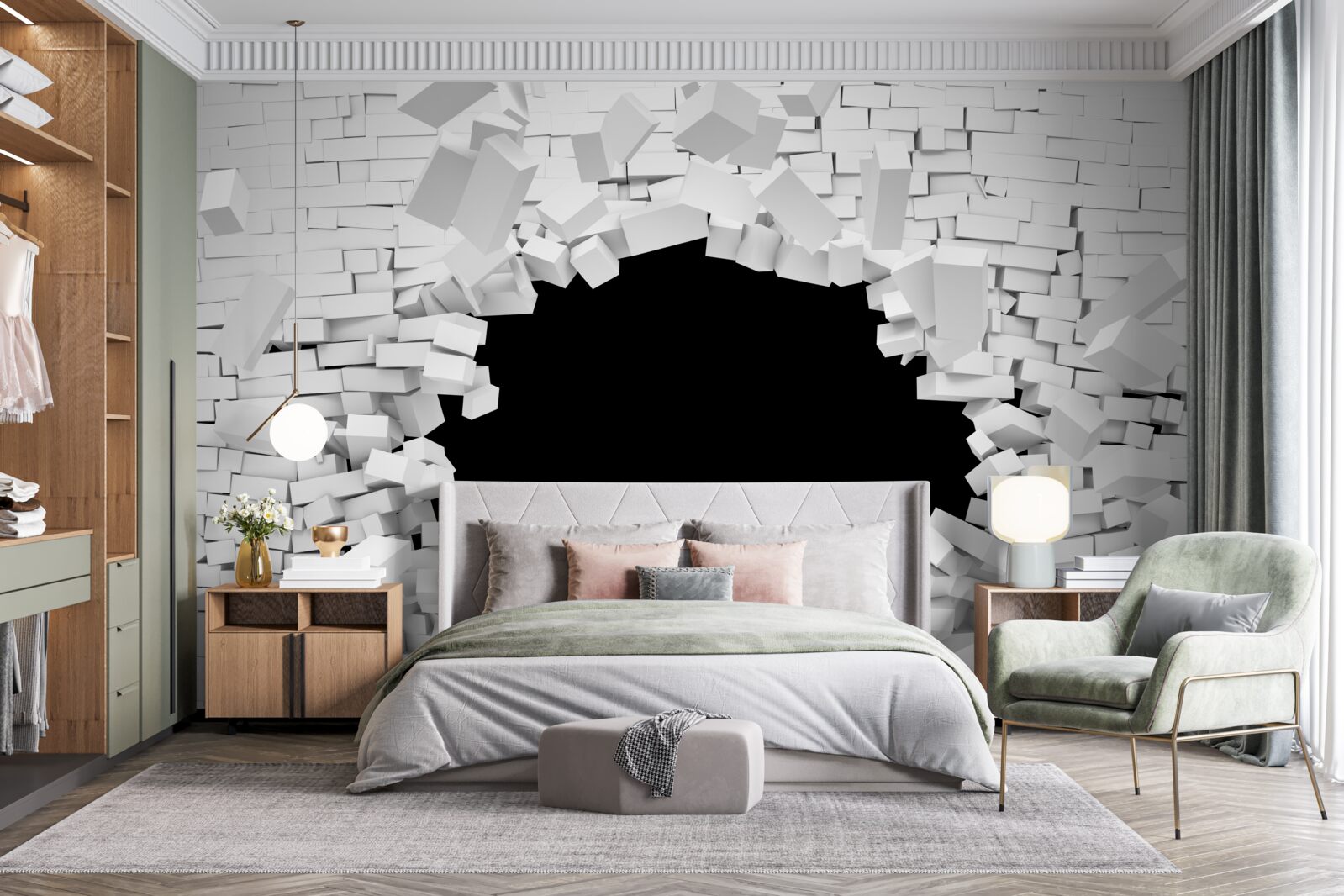 Фотошпалери темний отвір у світлій цегляній стіні