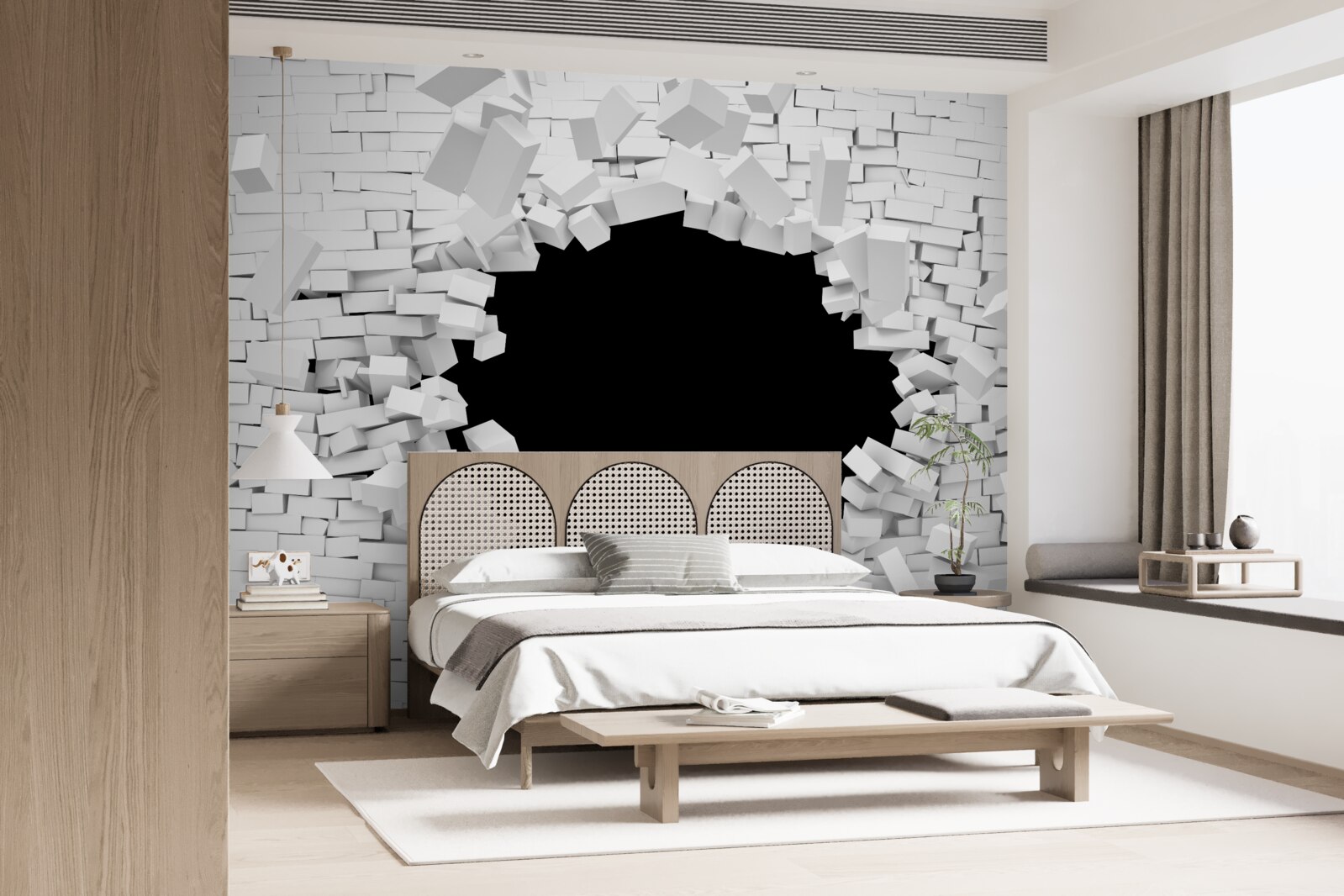 Фотошпалери темний отвір у світлій цегляній стіні