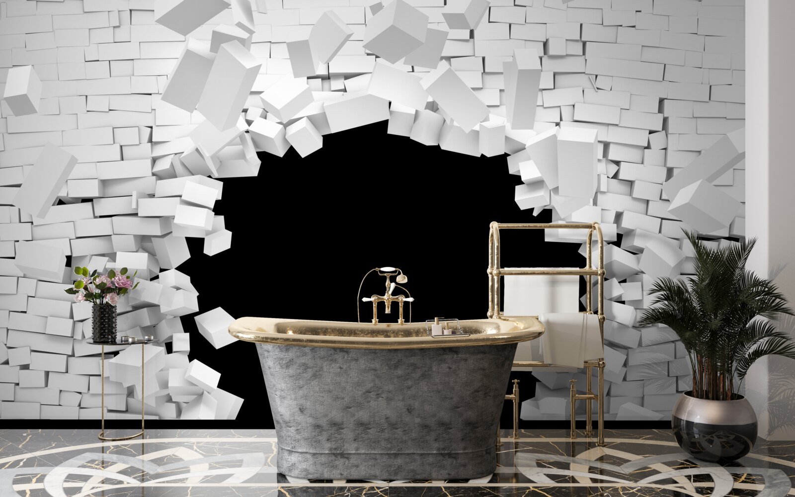 Фотошпалери темний отвір у світлій цегляній стіні