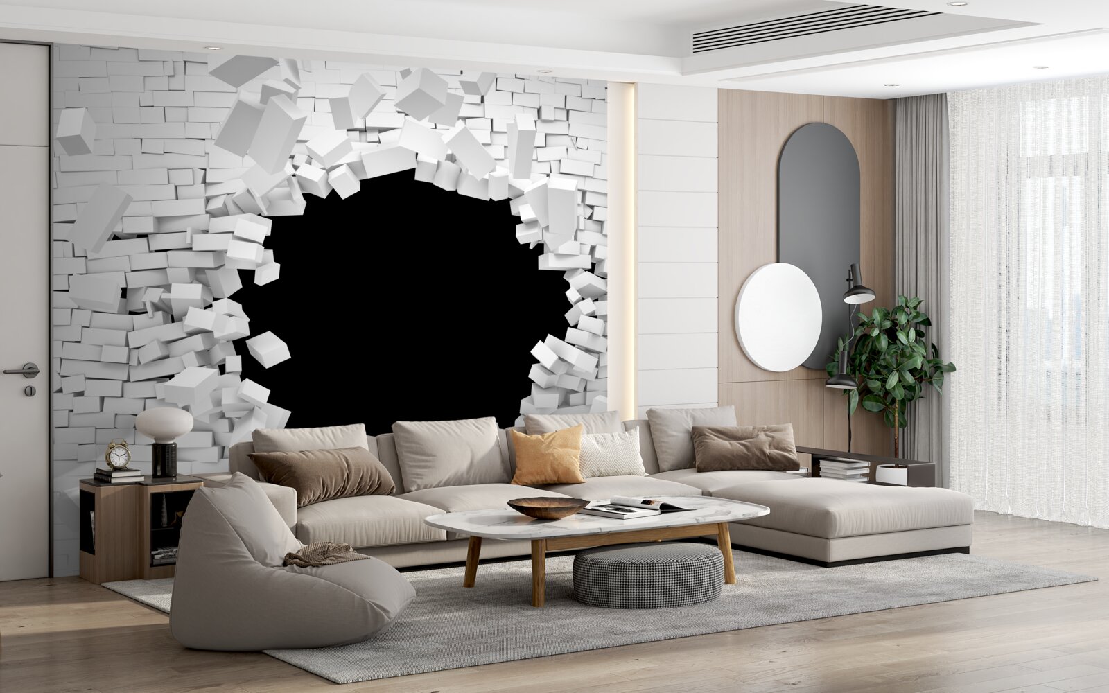 Фотошпалери темний отвір у світлій цегляній стіні