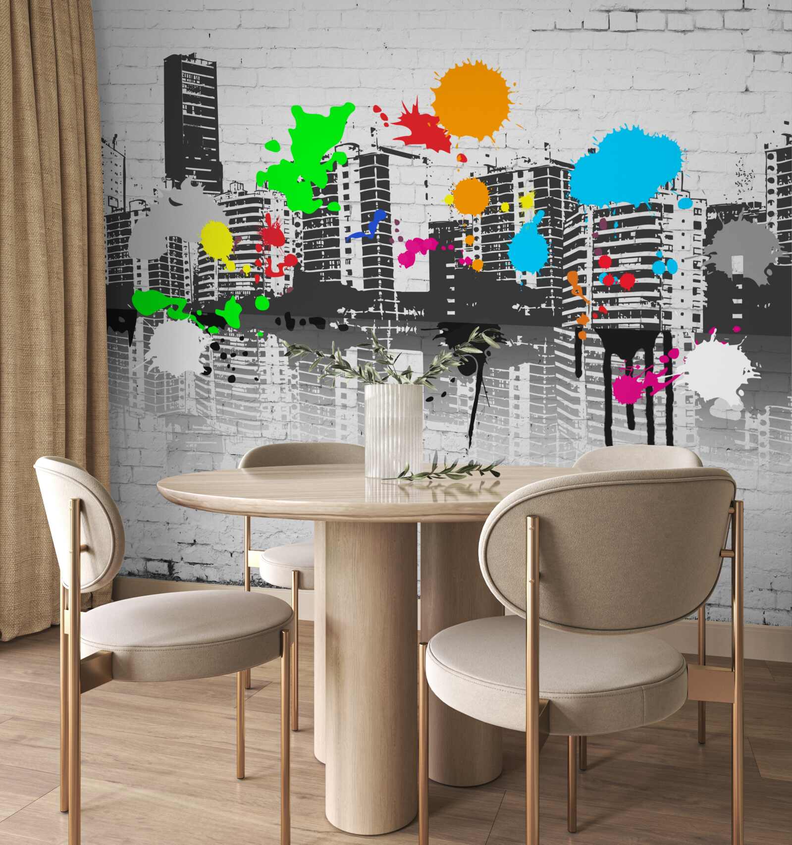 Фотошпалери будинки, прикрашені яскравими плямами графіті