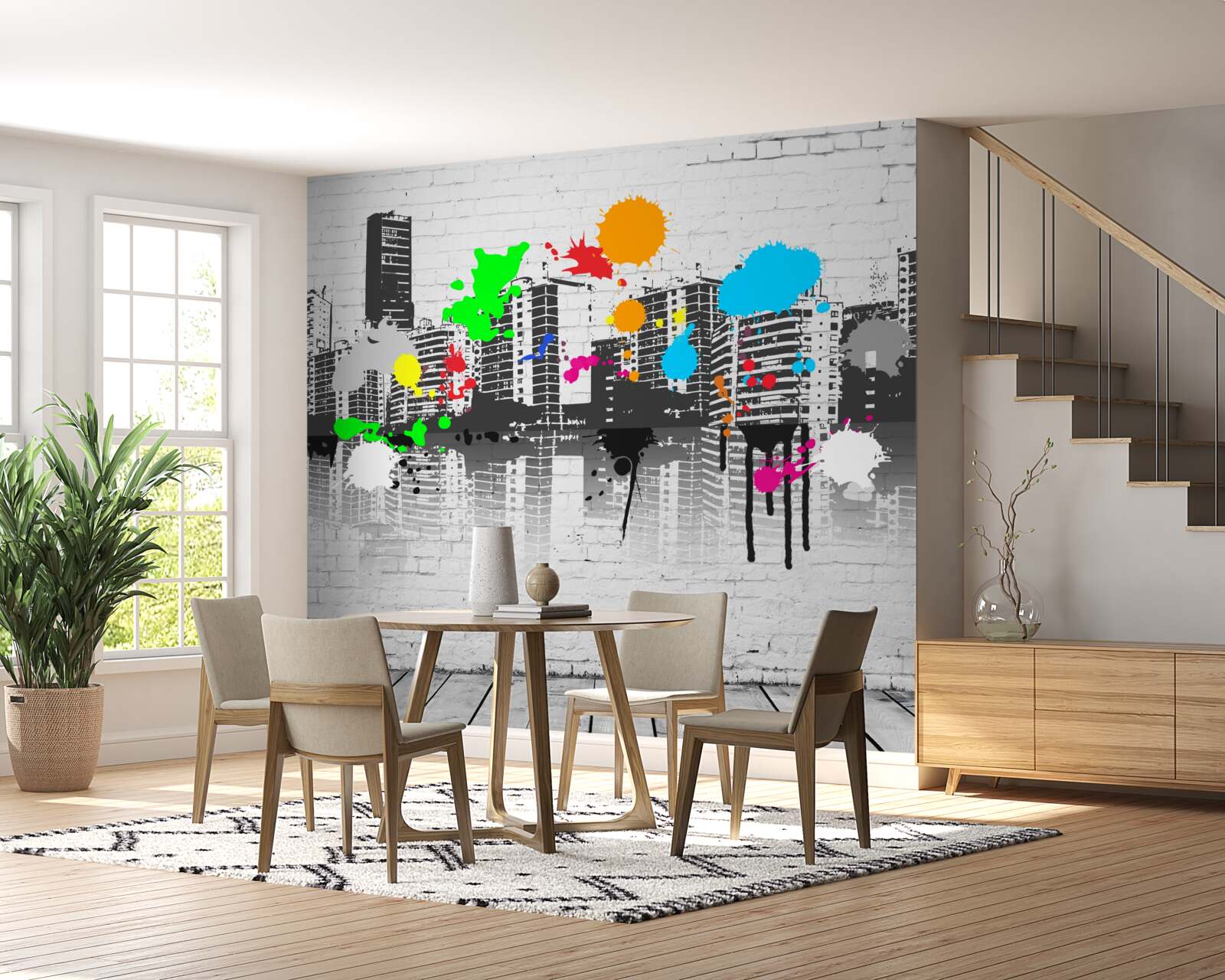 Фотошпалери будинки, прикрашені яскравими плямами графіті