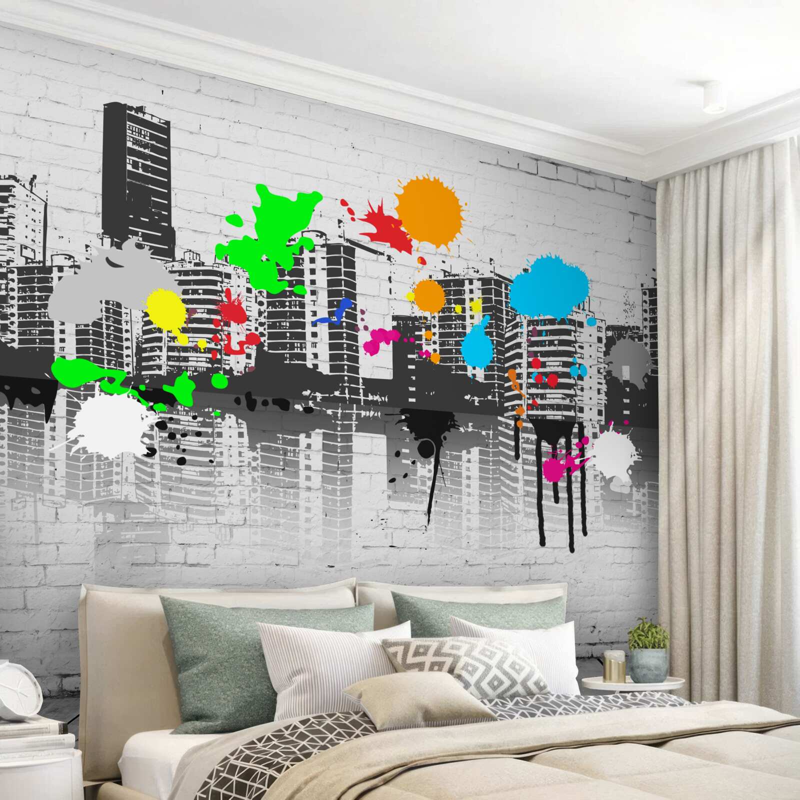 Фотошпалери будинки, прикрашені яскравими плямами графіті