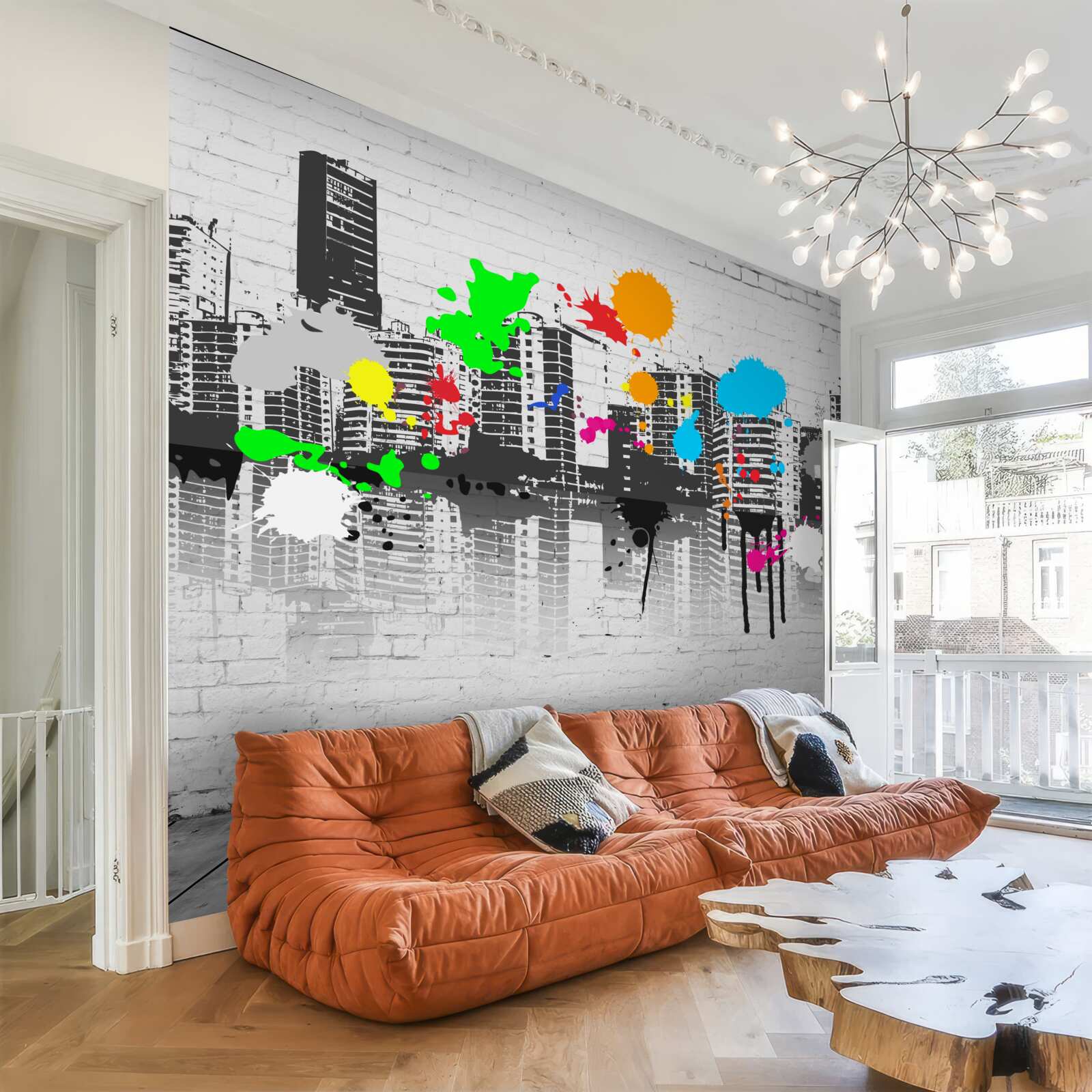 Фотошпалери будинки, прикрашені яскравими плямами графіті