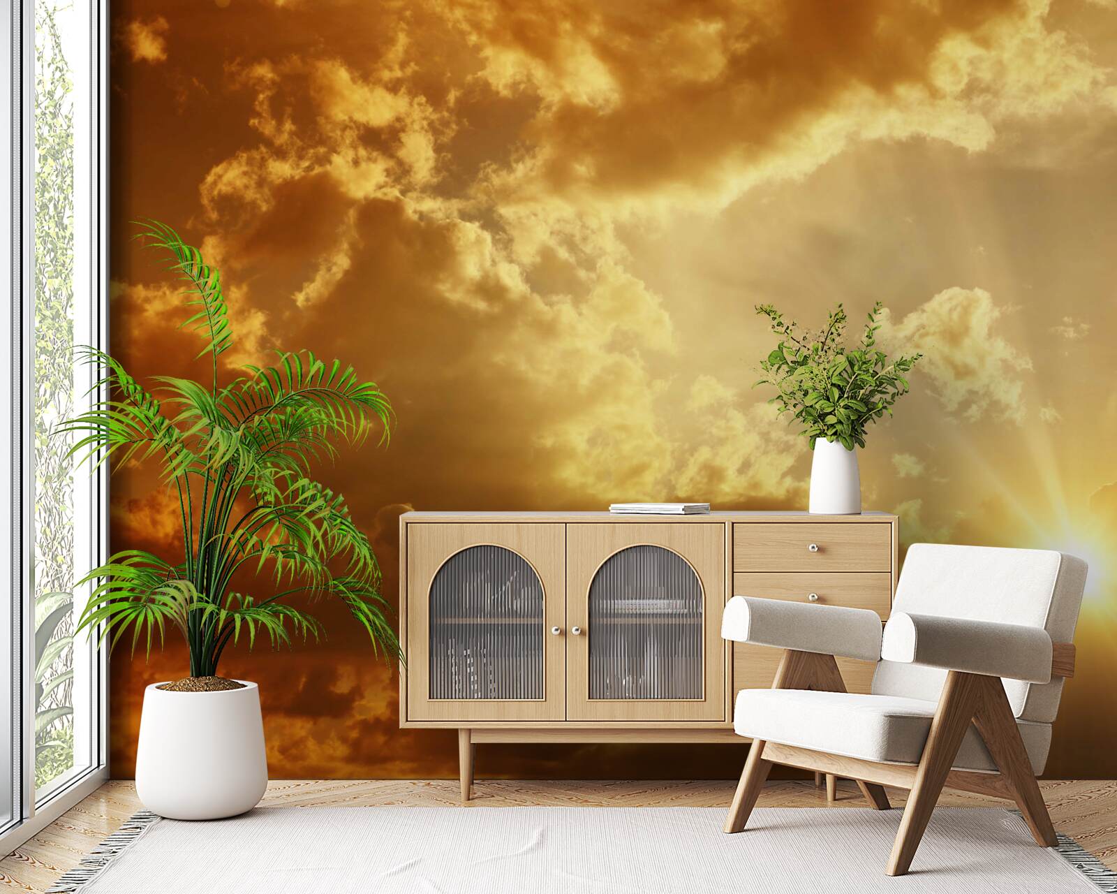 Фотошпалери сонячні промені, що пробиваються крізь хмари на заході сонця, випромінюють тепло