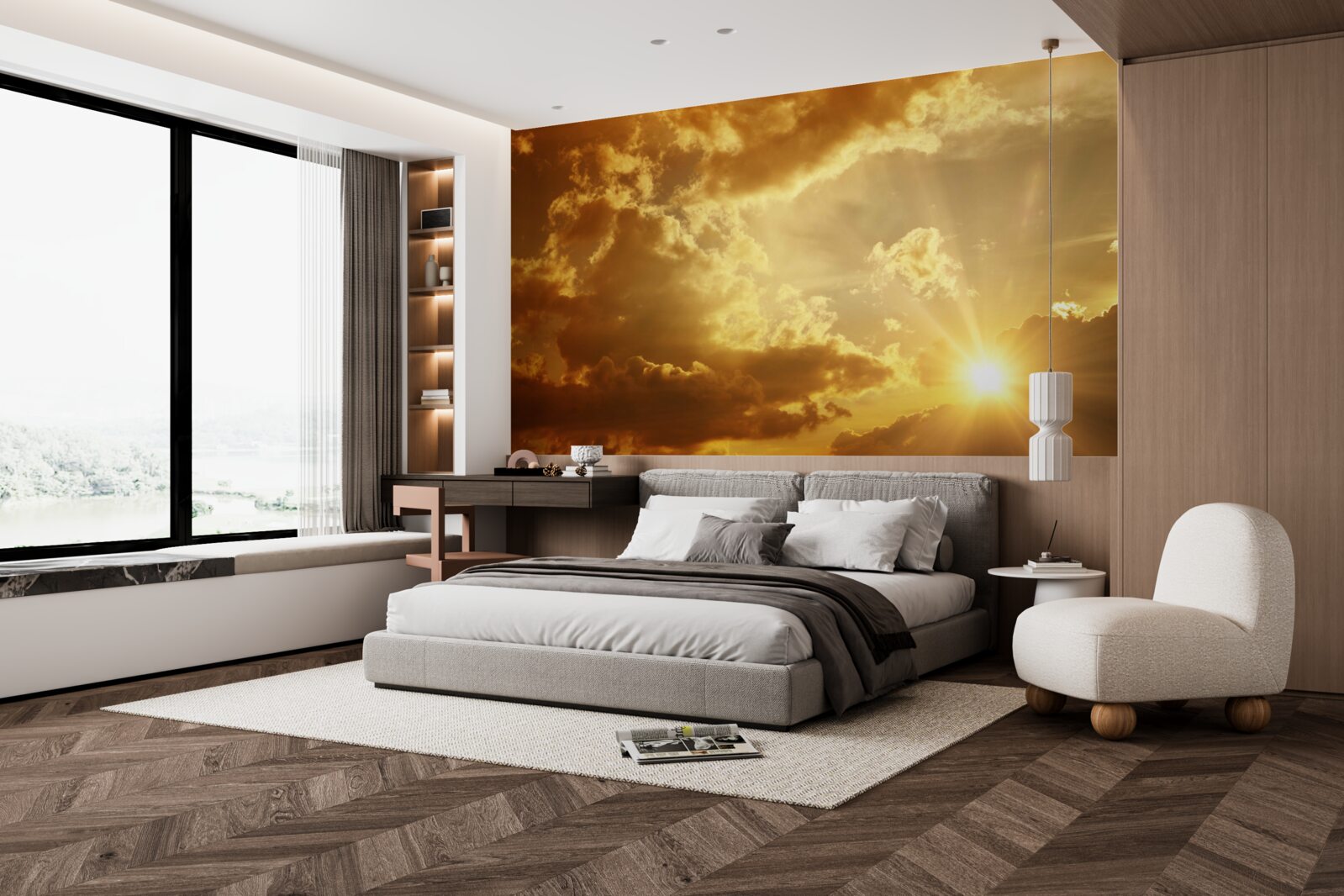 Фотошпалери сонячні промені, що пробиваються крізь хмари на заході сонця, випромінюють тепло