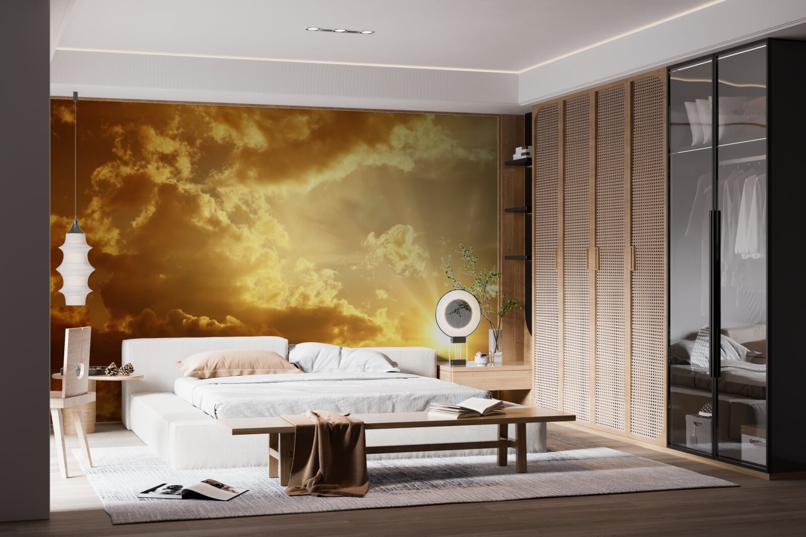 Фотошпалери сонячні промені, що пробиваються крізь хмари на заході сонця, випромінюють тепло