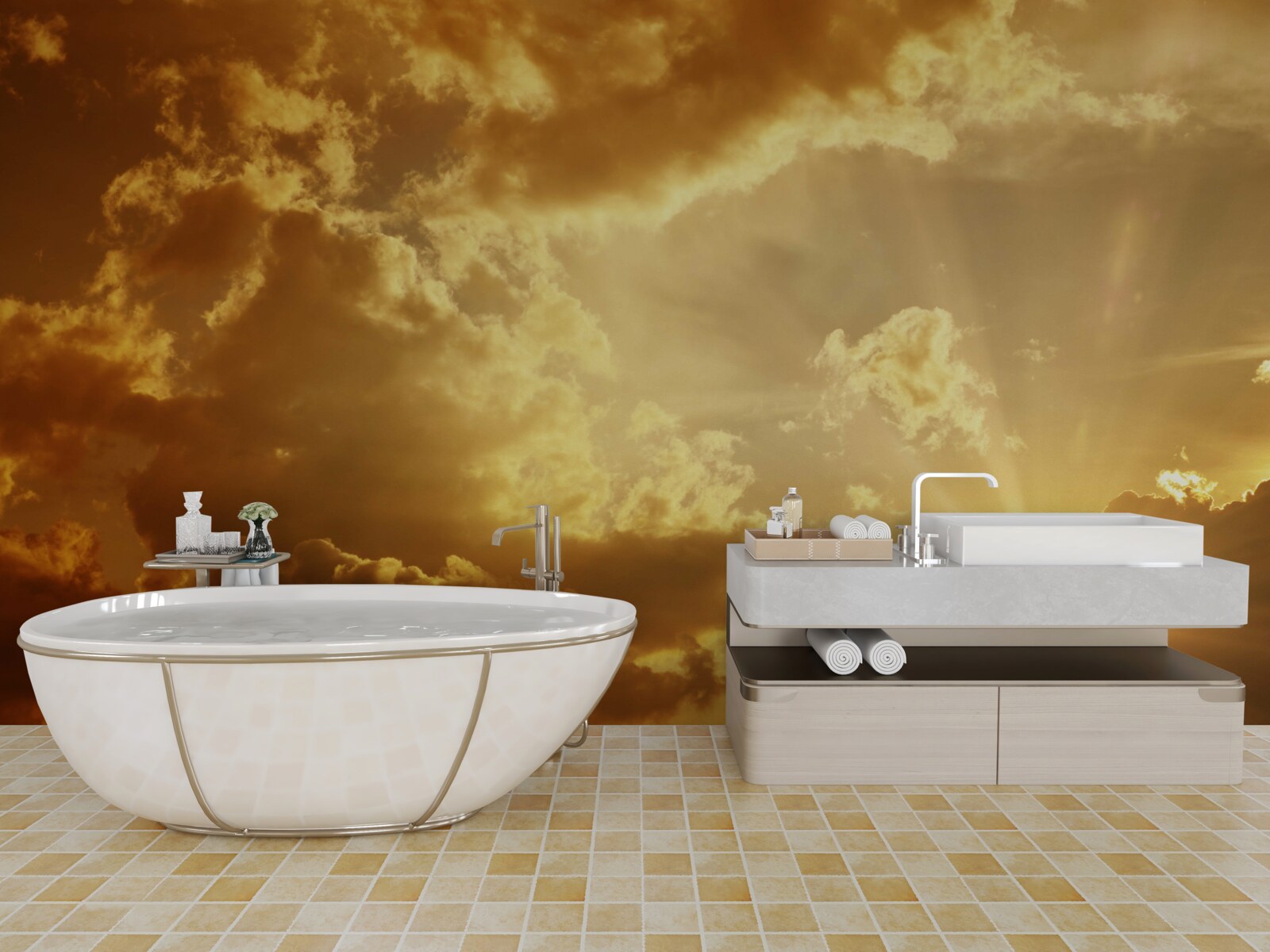 Фотошпалери сонячні промені, що пробиваються крізь хмари на заході сонця, випромінюють тепло