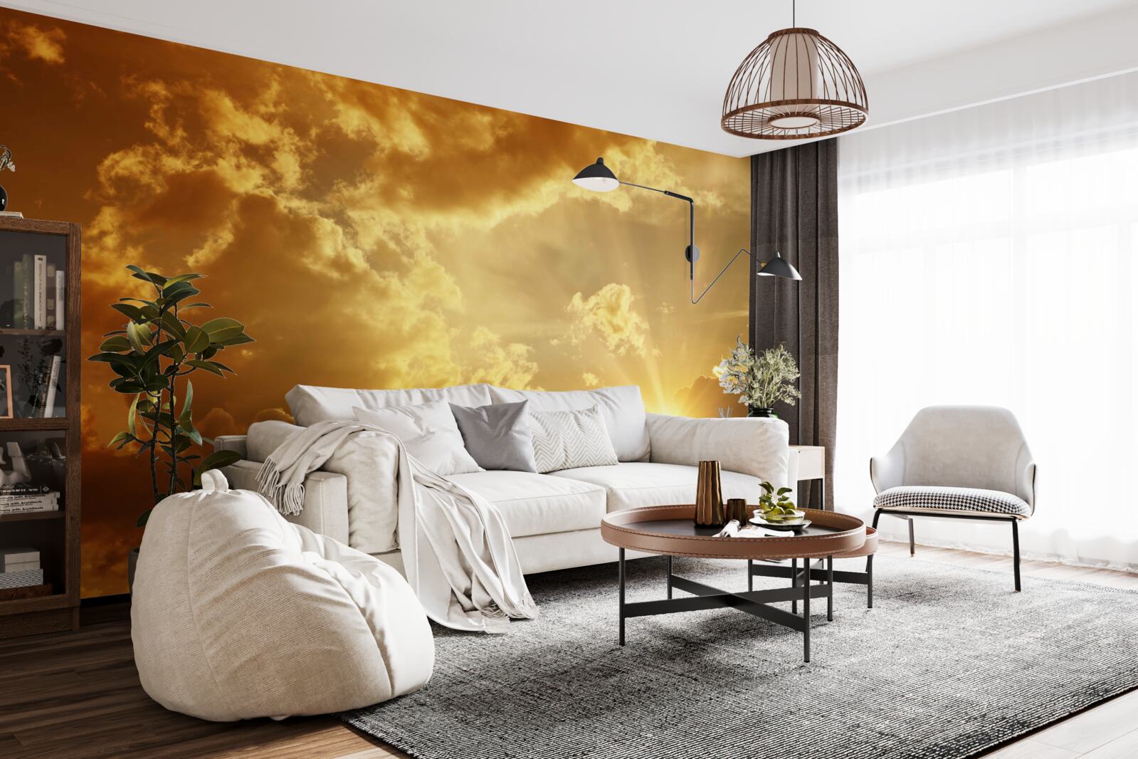 Фотошпалери сонячні промені, що пробиваються крізь хмари на заході сонця, випромінюють тепло