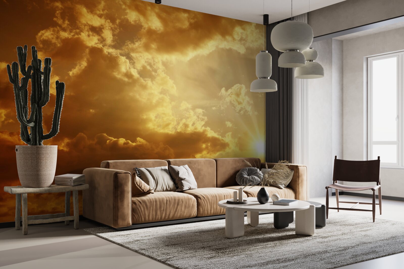 Фотошпалери сонячні промені, що пробиваються крізь хмари на заході сонця, випромінюють тепло