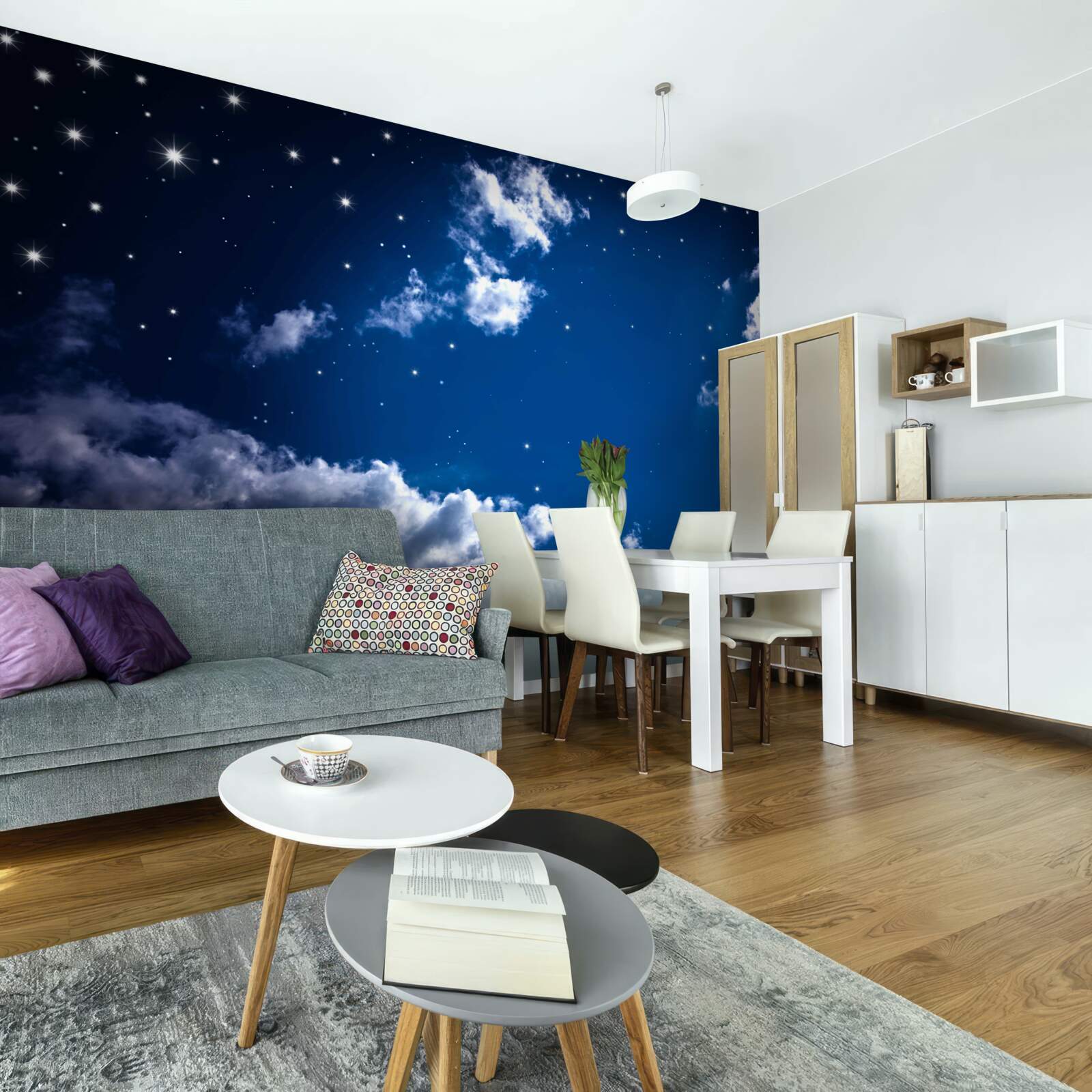 Фотошпалери нічне небо яскраво сяє хмарами та зірками