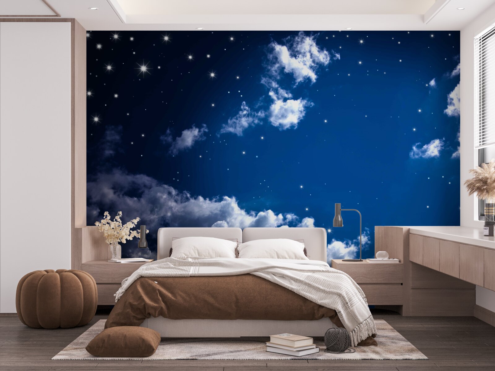 Фотошпалери нічне небо яскраво сяє хмарами та зірками
