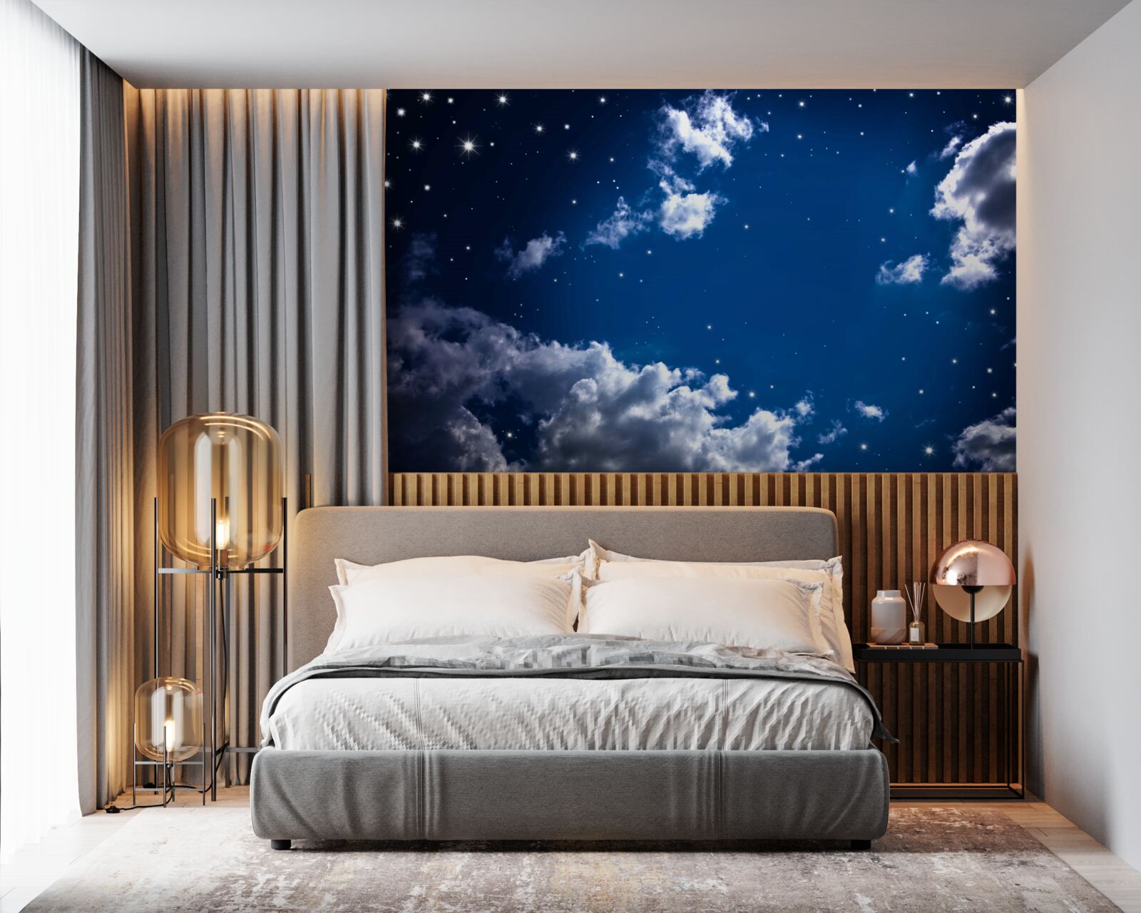 Фотошпалери нічне небо яскраво сяє хмарами та зірками