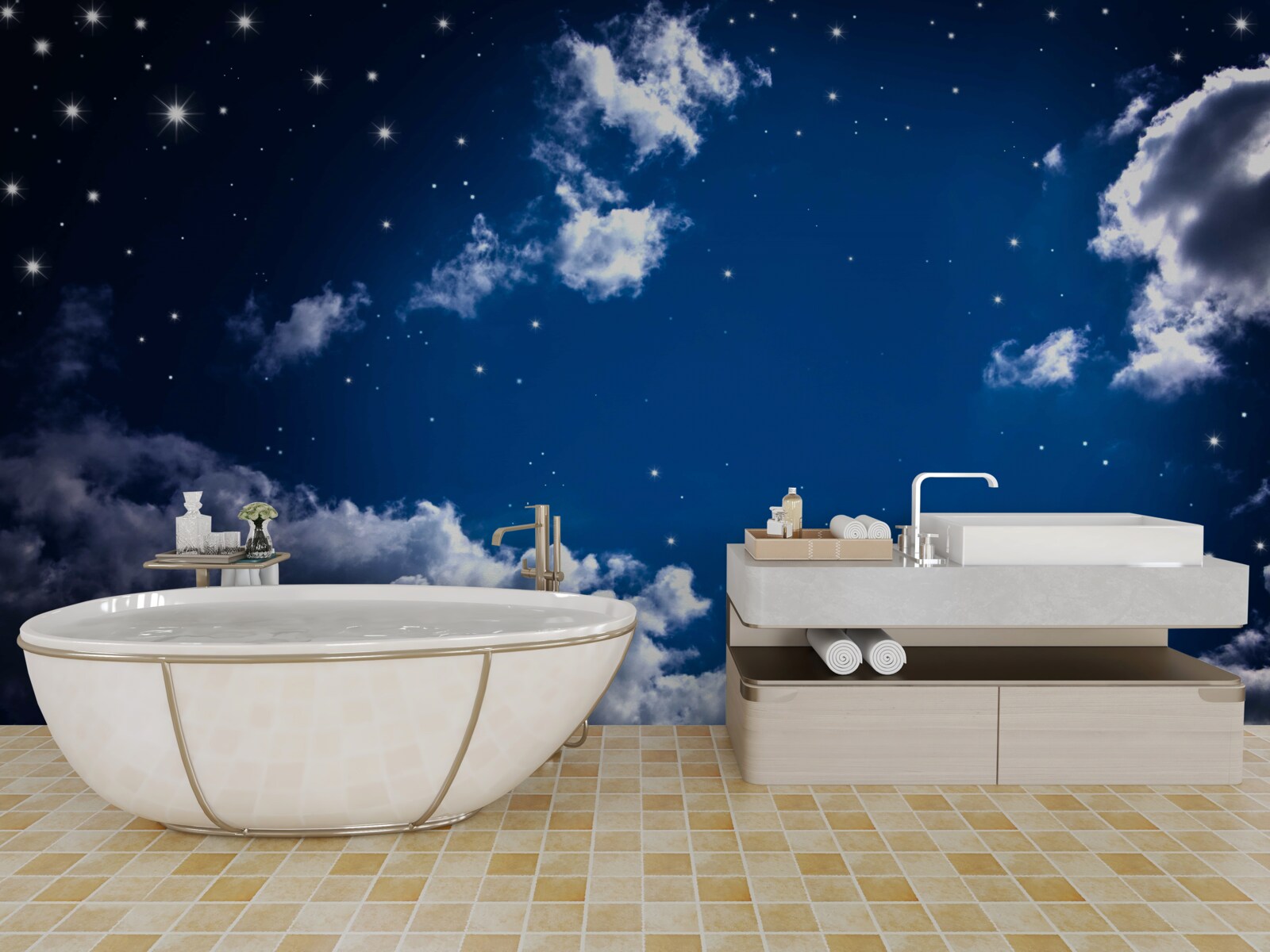 Фотошпалери нічне небо яскраво сяє хмарами та зірками