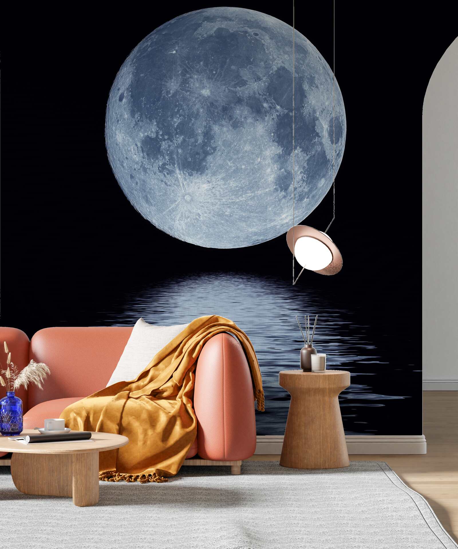 Фотошпалери відображення повного місяця на поверхні води