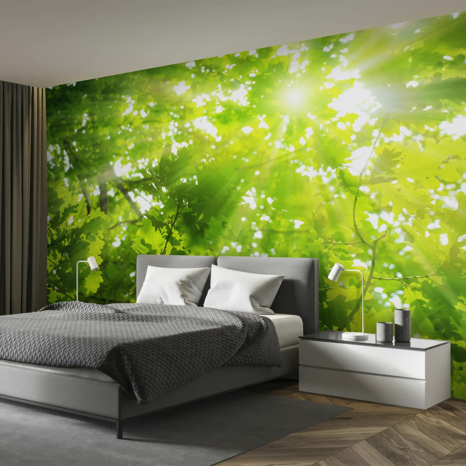 Фотошпалери сонячні промені пробиваються крізь зелені чагарники