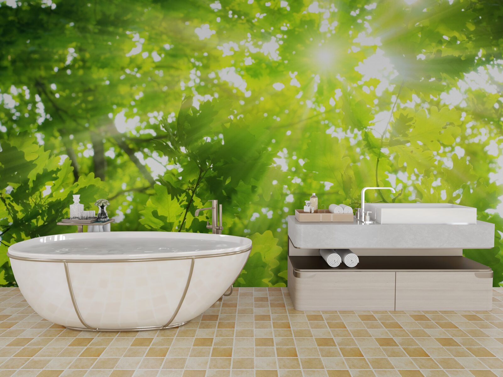 Фотошпалери сонячні промені пробиваються крізь зелені чагарники