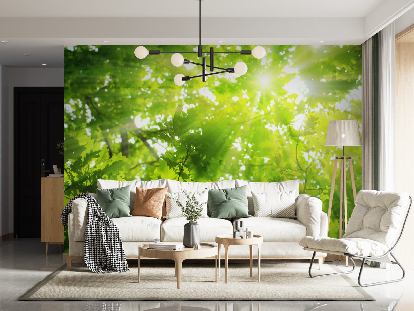 Фотошпалери сонячні промені пробиваються крізь зелені чагарники