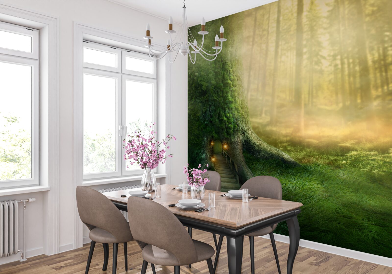 Фотошпалери зелений ліс оповитий густим туманом