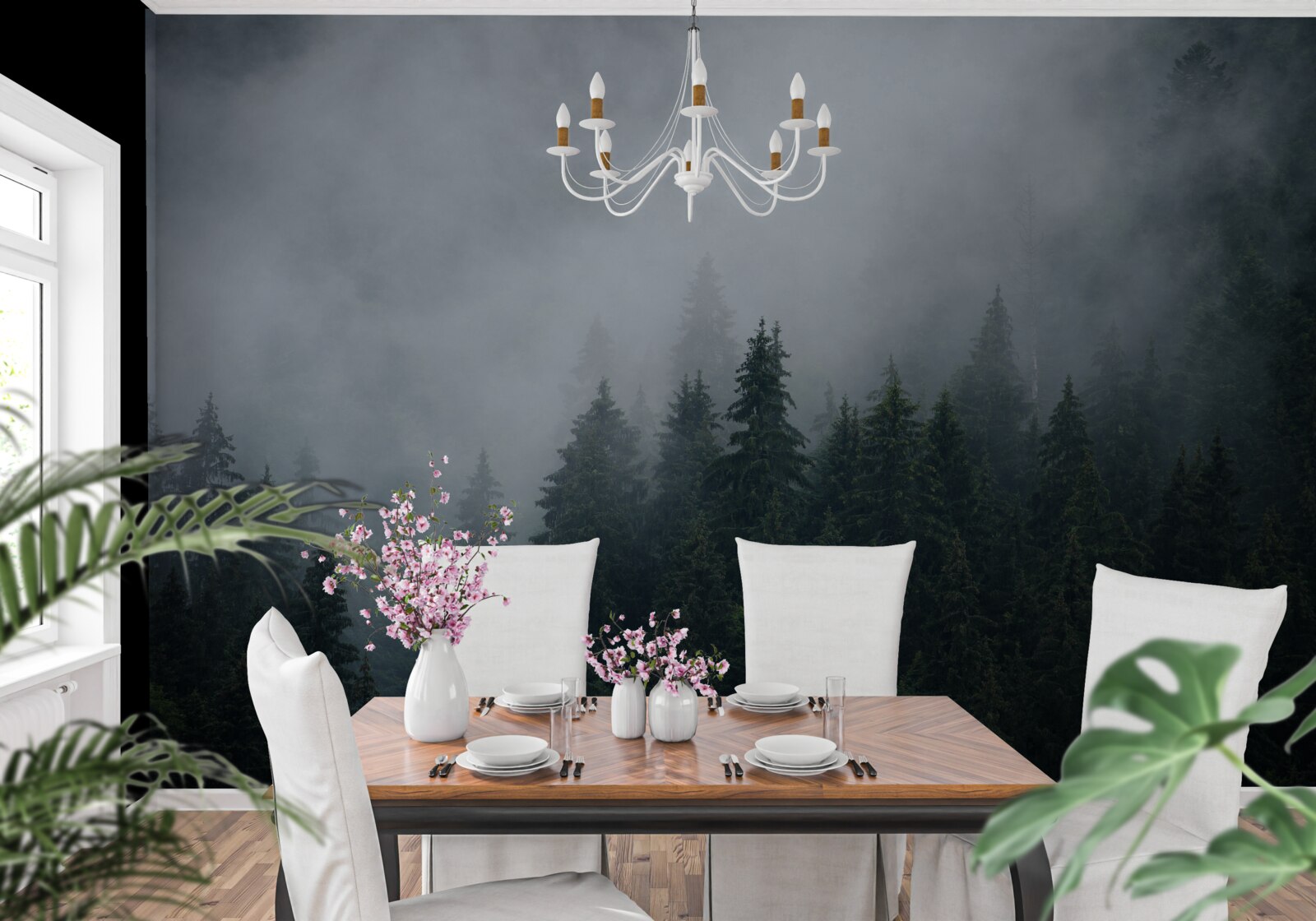 Фотошпалери туман опускається на ялиновий гай