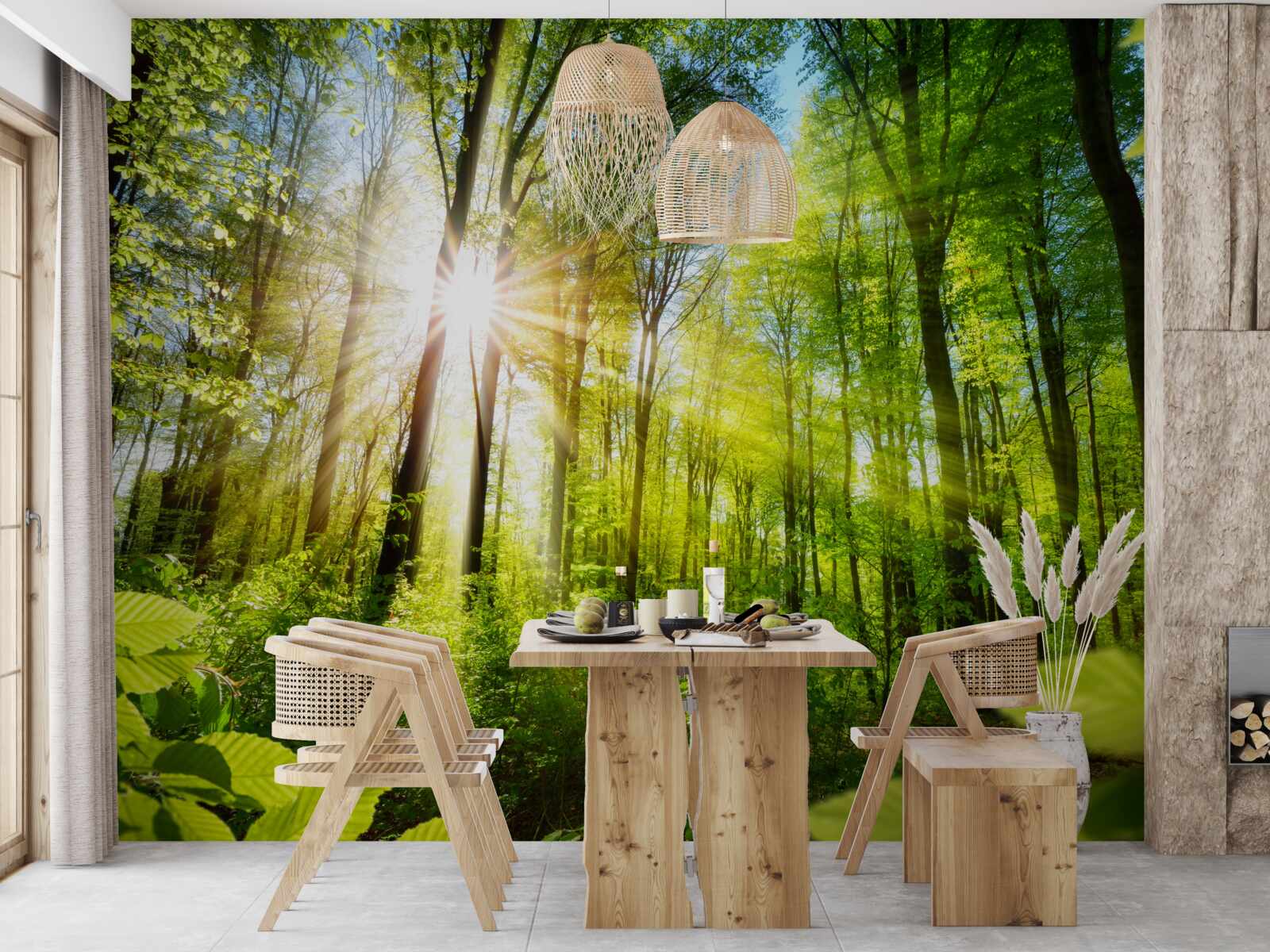 Фотошпалери ранкове сонце в зеленому лісі