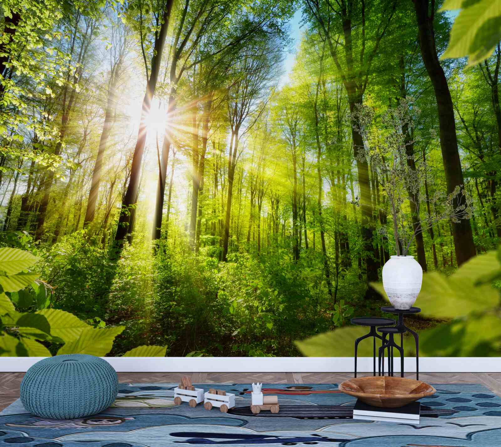 Фотошпалери ранкове сонце в зеленому лісі