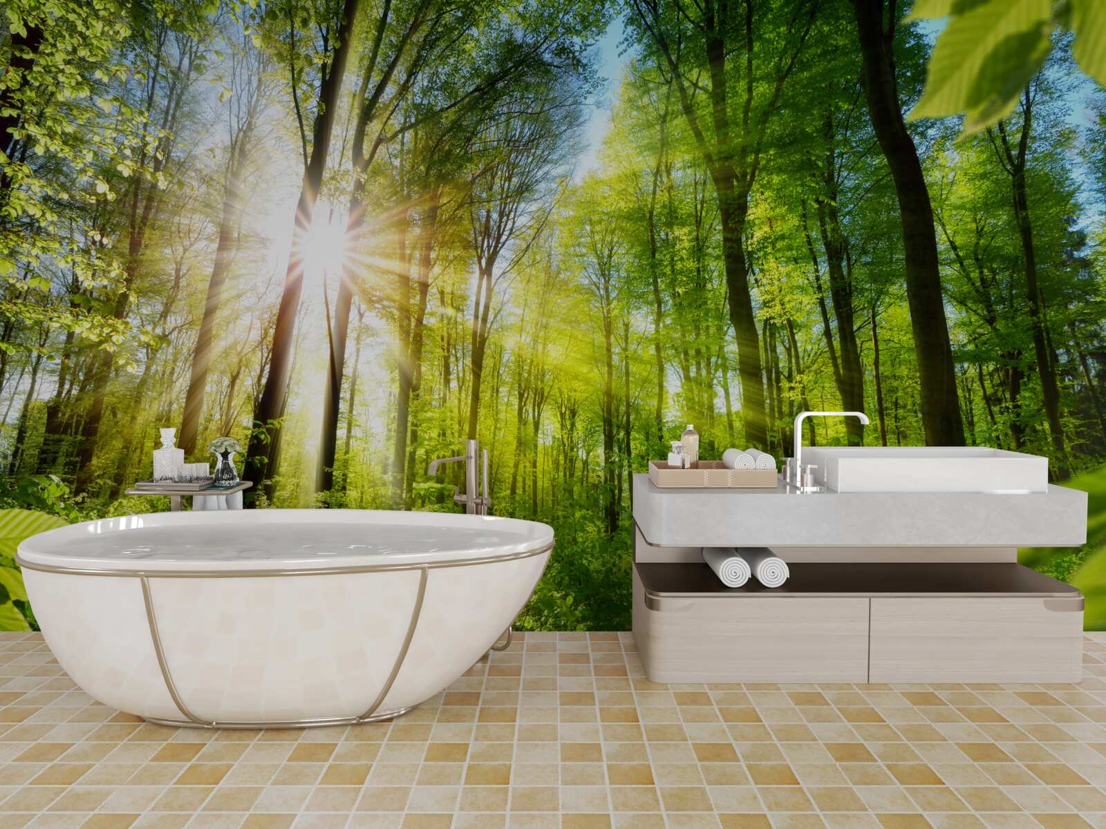 Фотошпалери ранкове сонце в зеленому лісі