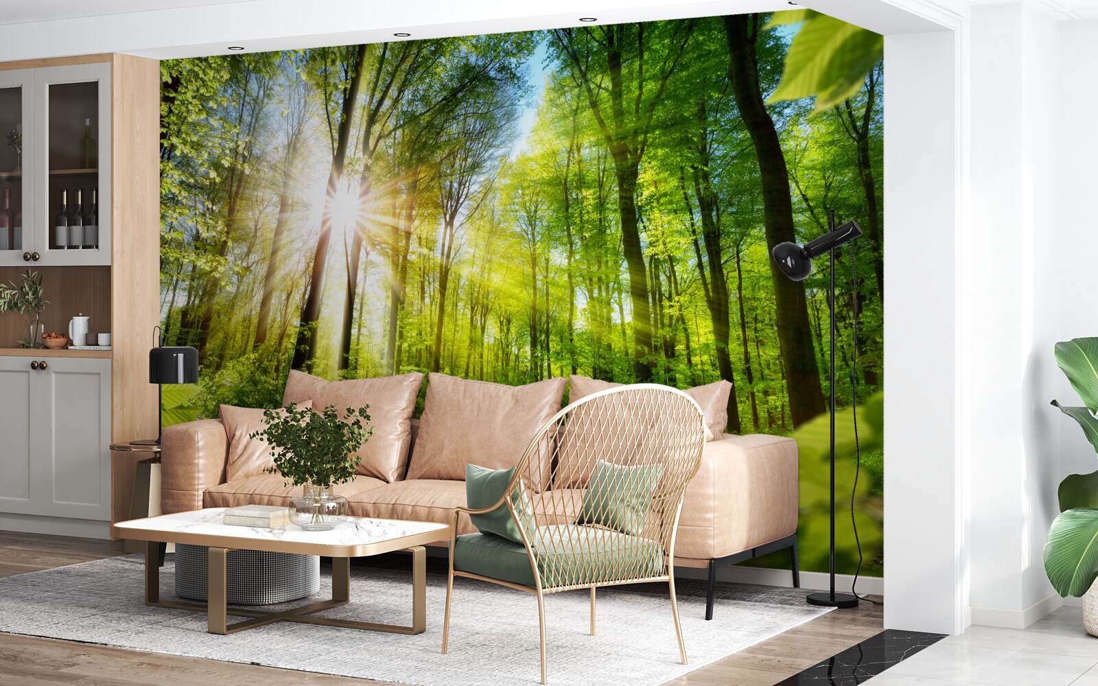 Фотошпалери ранкове сонце в зеленому лісі