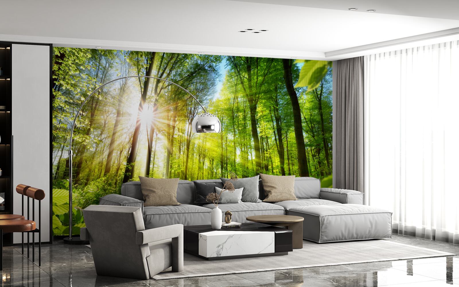 Фотошпалери ранкове сонце в зеленому лісі