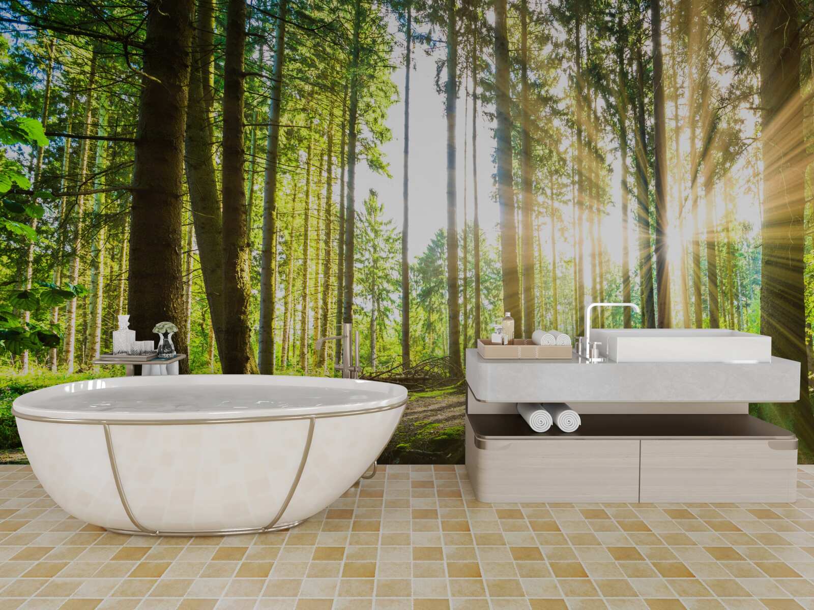 Фотошпалери сонячні промені проникають між високими деревами