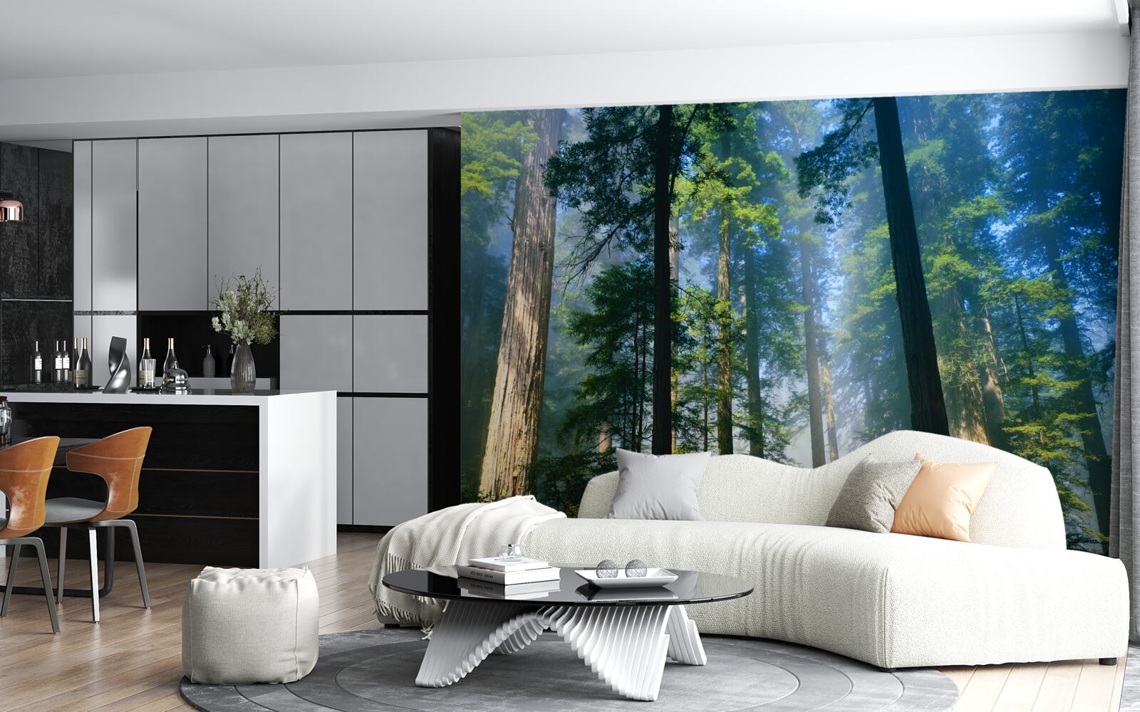 Фотошпалери тонкий туманний покрив серед високих дерев у лісі