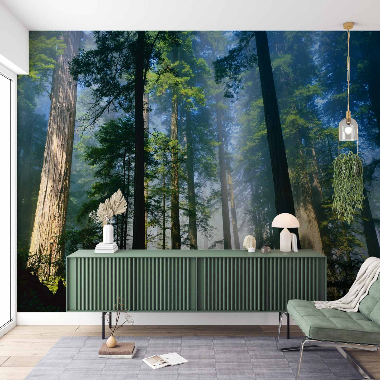 Фотошпалери тонкий туманний покрив серед високих дерев у лісі