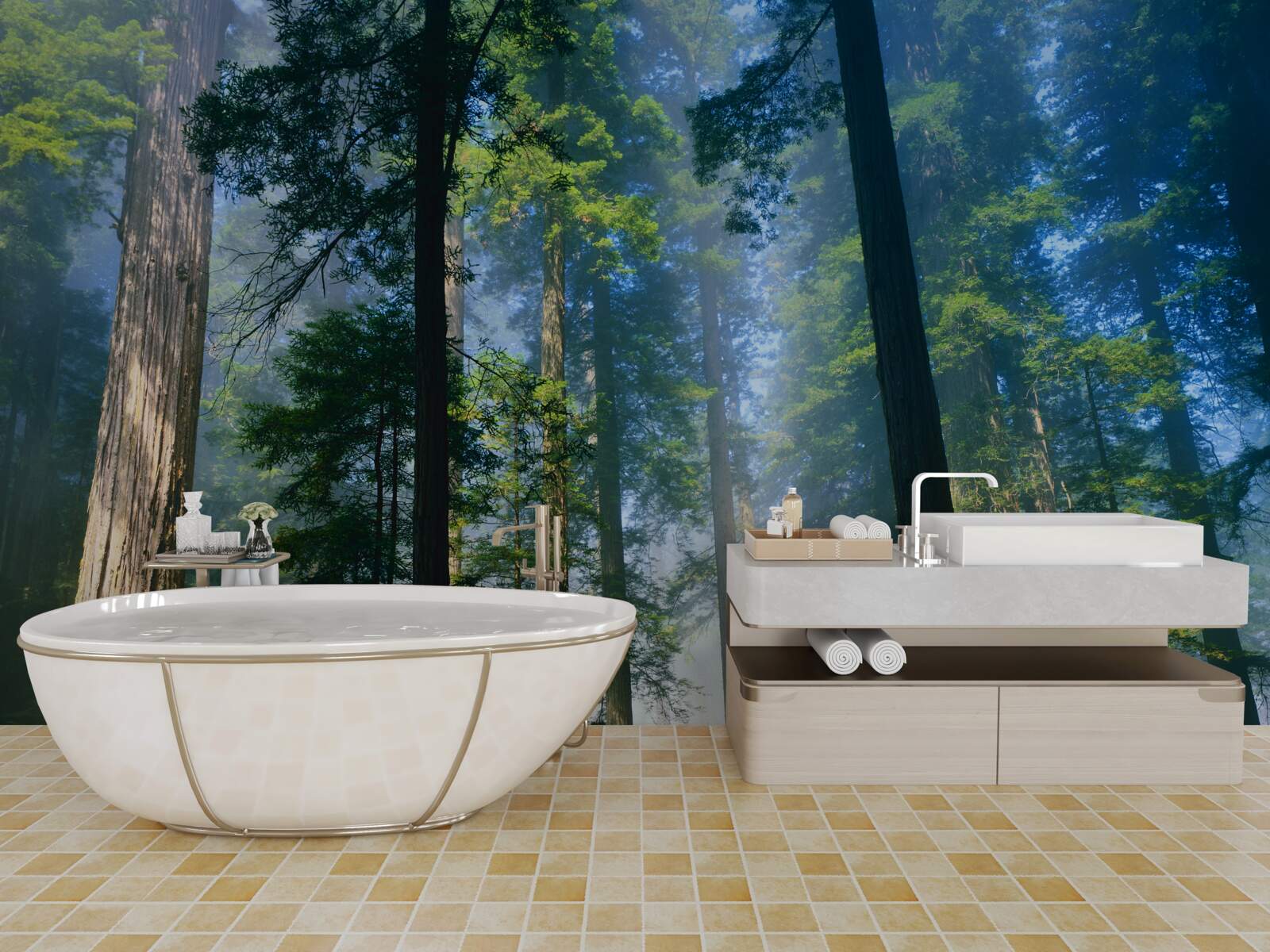 Фотошпалери тонкий туманний покрив серед високих дерев у лісі