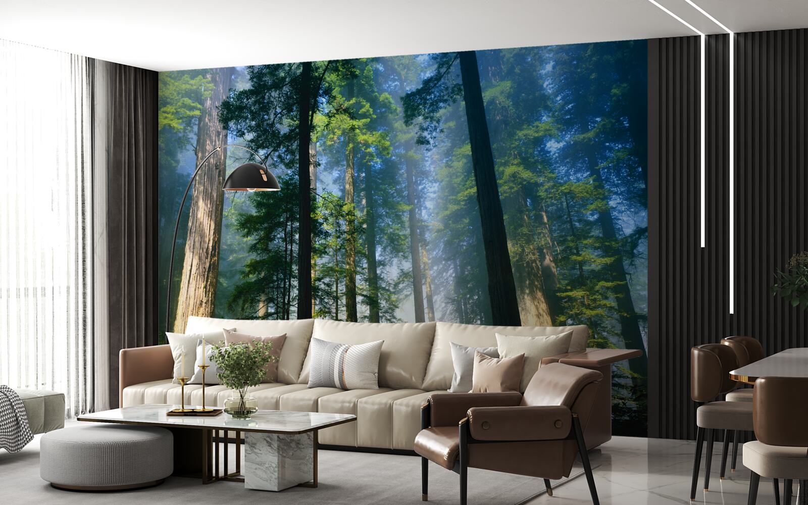 Фотошпалери тонкий туманний покрив серед високих дерев у лісі