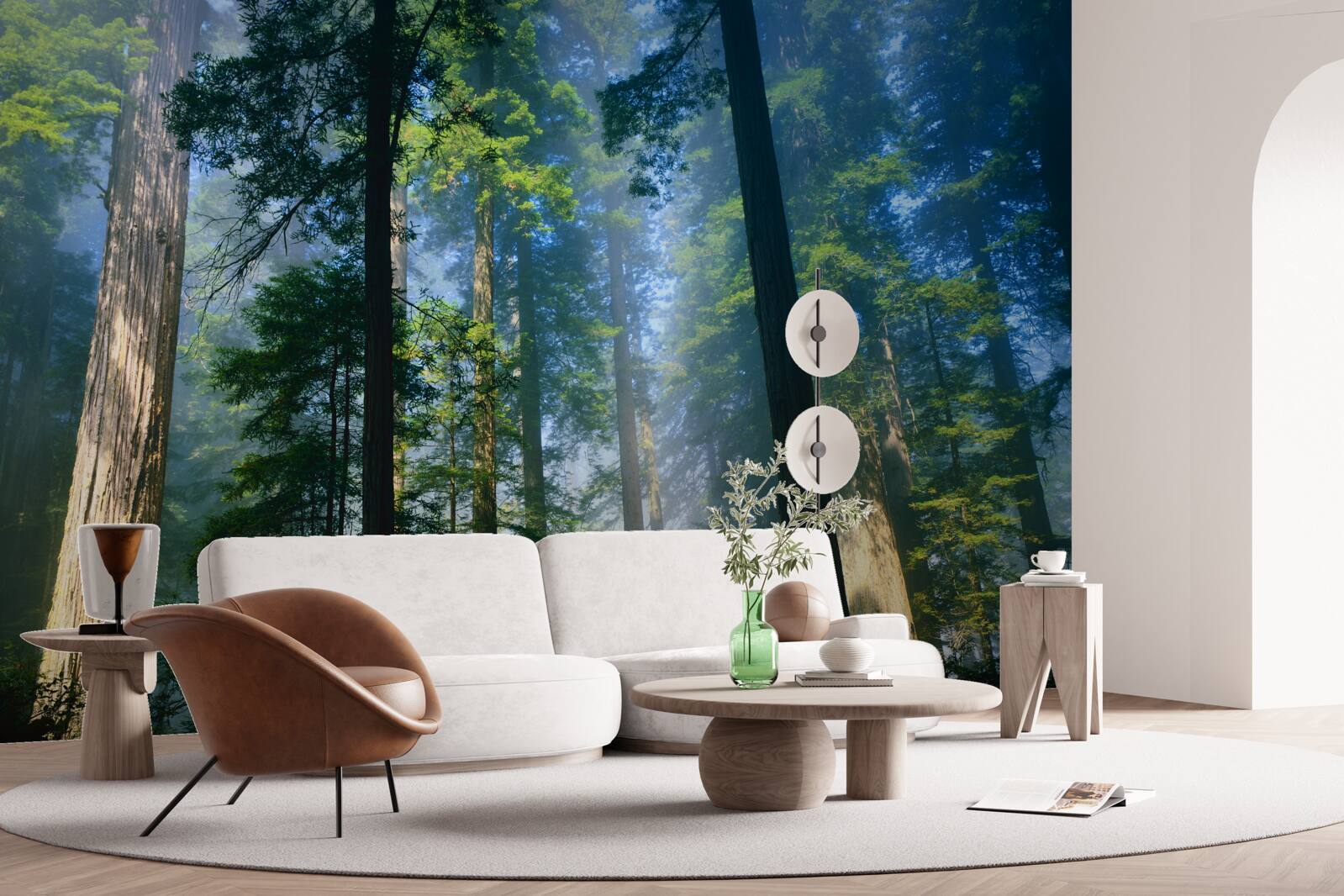 Фотошпалери тонкий туманний покрив серед високих дерев у лісі