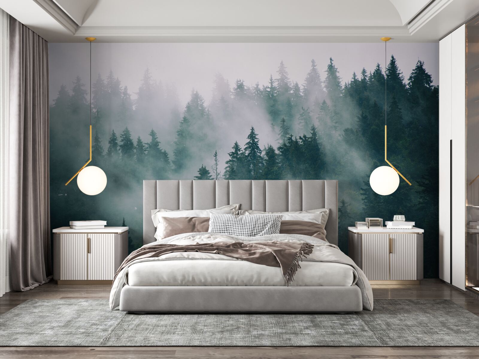 Фотошпалери туманна ранкова година в хвойному лісі