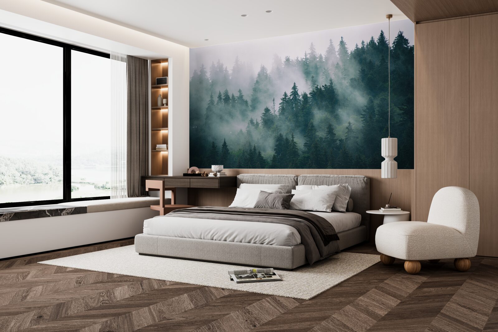 Фотошпалери туманна ранкова година в хвойному лісі