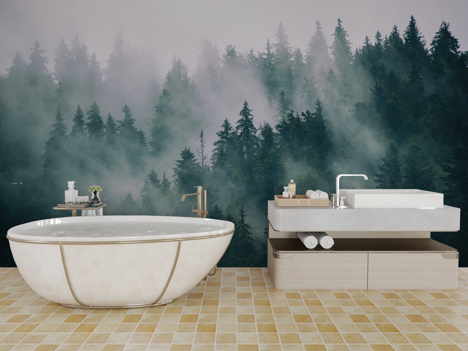 Фотошпалери туманна ранкова година в хвойному лісі