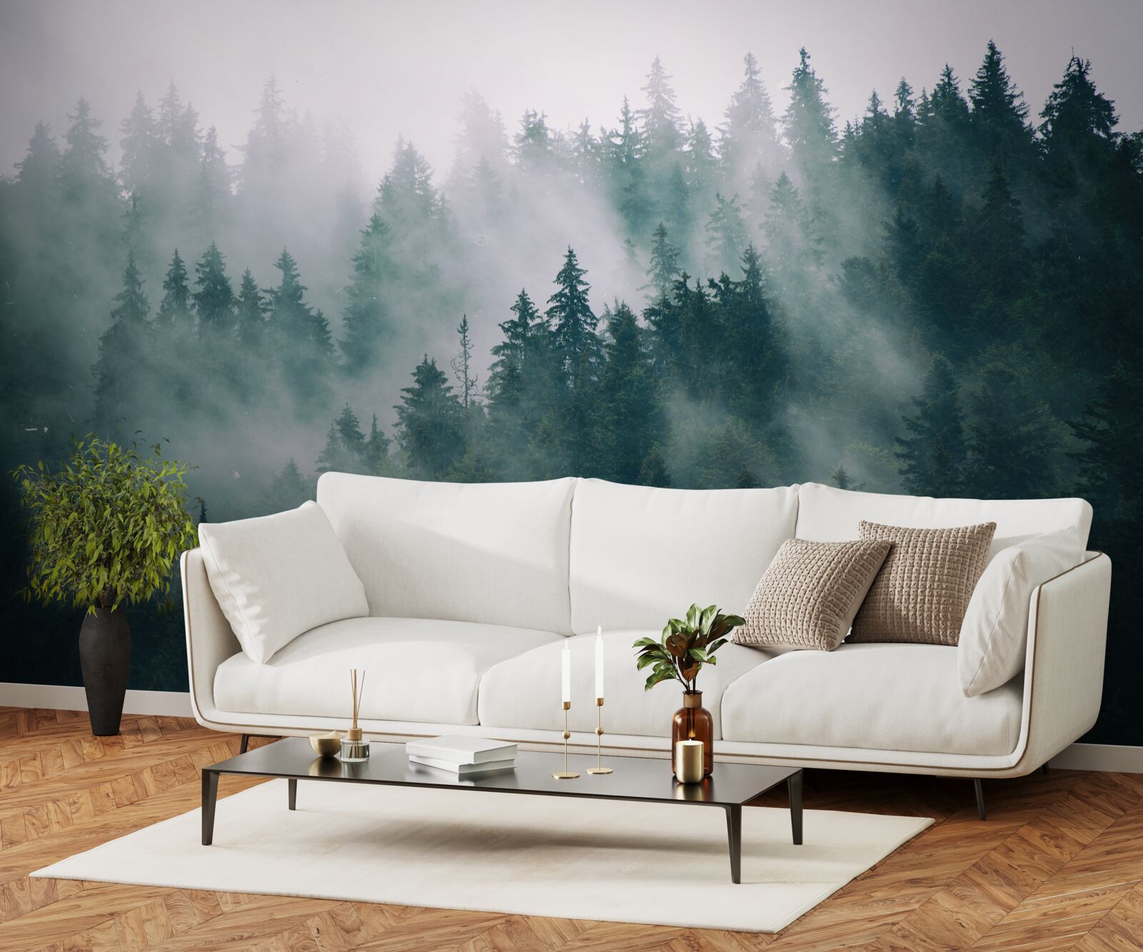 Фотошпалери туманна ранкова година в хвойному лісі