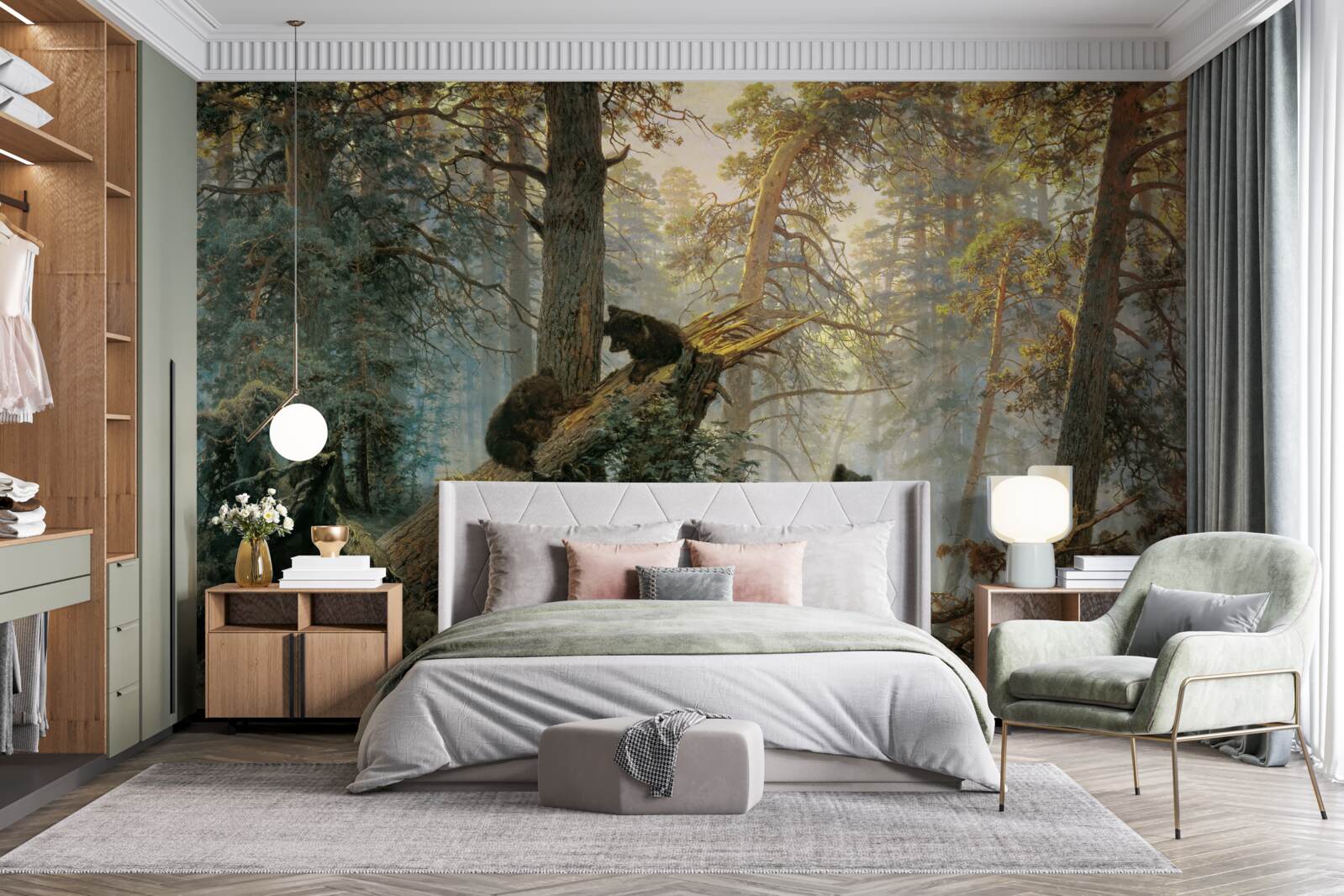 Фотошпалери Світанок у лісі, де панують сосни